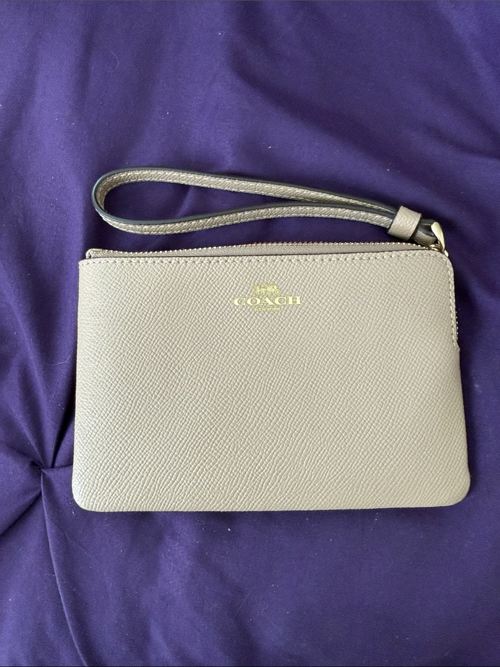 Coach Taupe Leather Wristlet with Gold Logo Accent